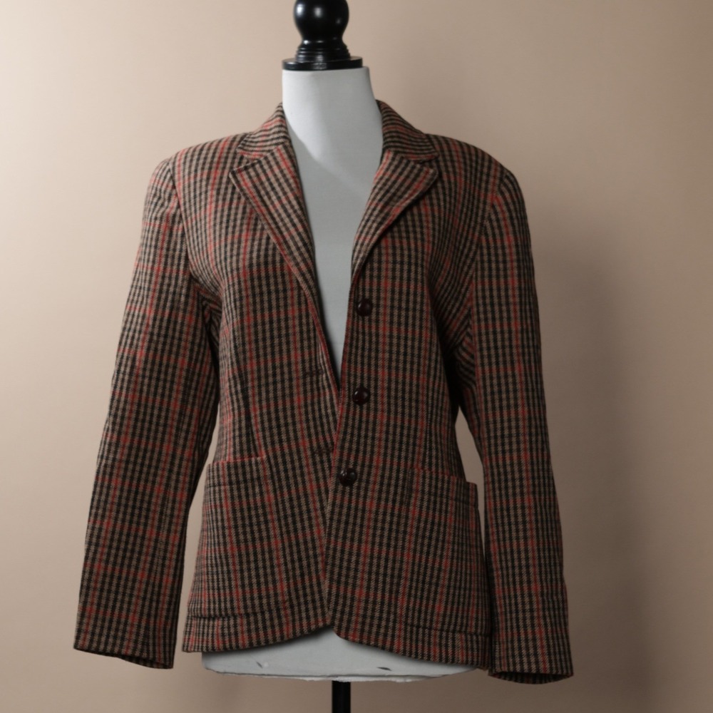 Vintage Liz Claiborne Petite Blazer Plaid Tweed Elbow Patches Women's Size 4P